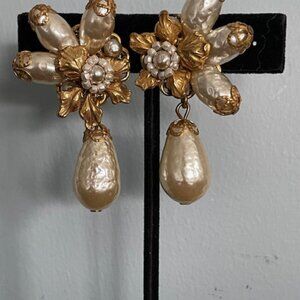 Miriam Haskell  Vintage Baroque Pearl Drop Earrings with Gold Filigree Signed